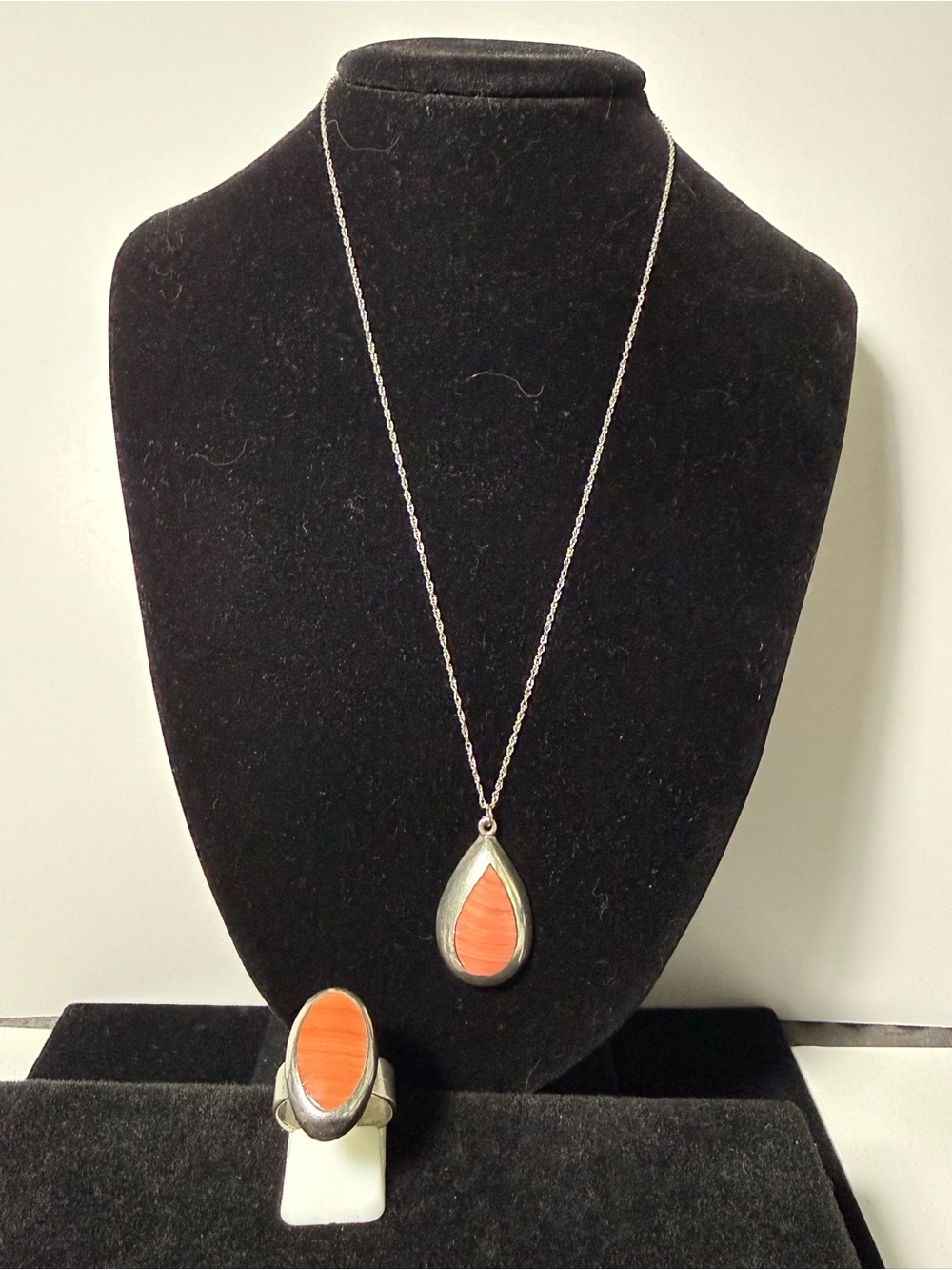 VTG Taxco Mexico Sterling Silver Pink Coral Pendant & Ring Set